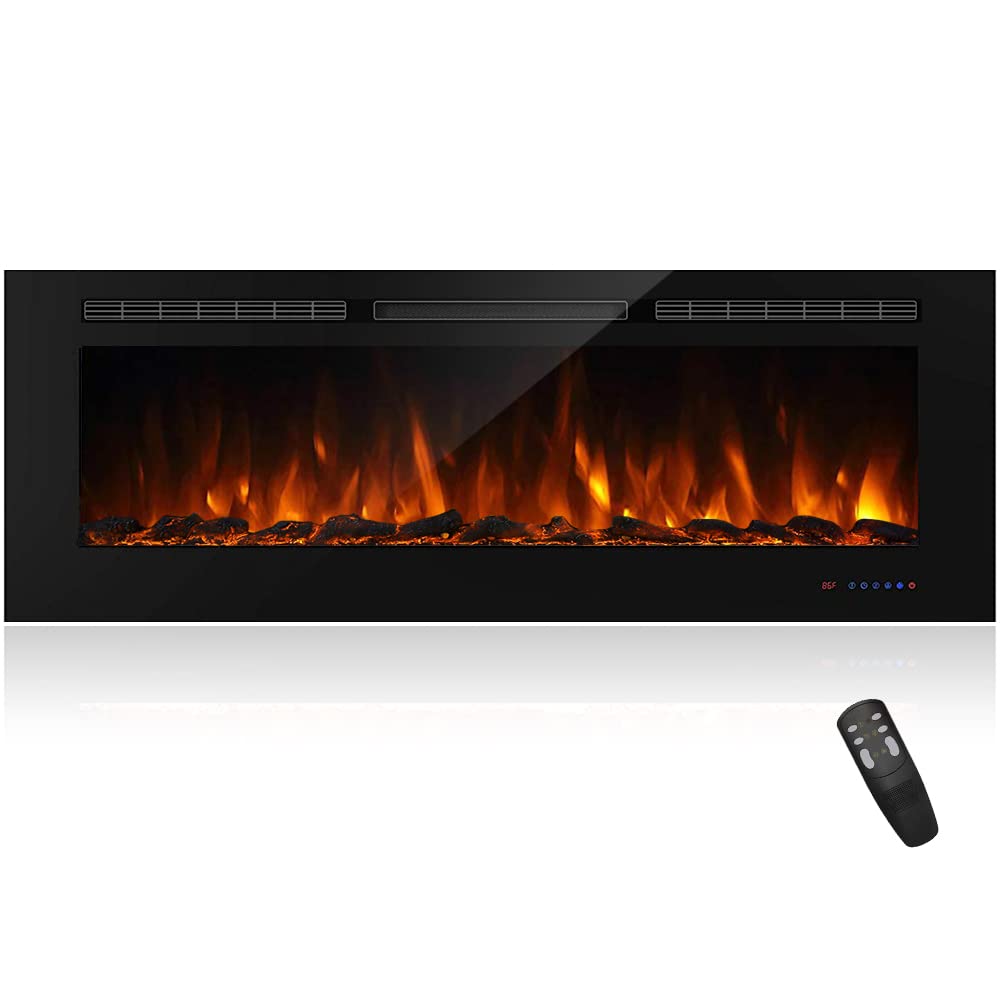 Masarflame 60 Recessed Electric Fireplace Insert, 5 Flame Settings, Log Set Or Crystal Options, Temperature Control By Touch Pan