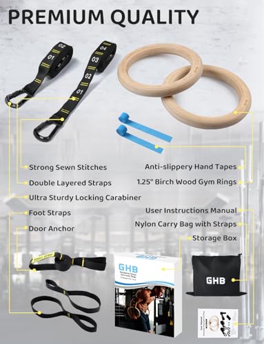 GHB Gymnastic Rings Wooden Gym Rings 1.25" Olympic Rings Adjustable Straps Pull Up Rings Sets for Workout Bodyweight Fitne...