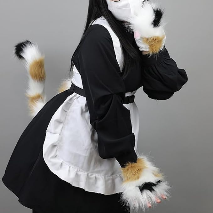 Obenie Halloween Cat Paw Gloves Therian Paws Therian Gear Furry Paws Cosplay Fluffy Mittens (white 1)