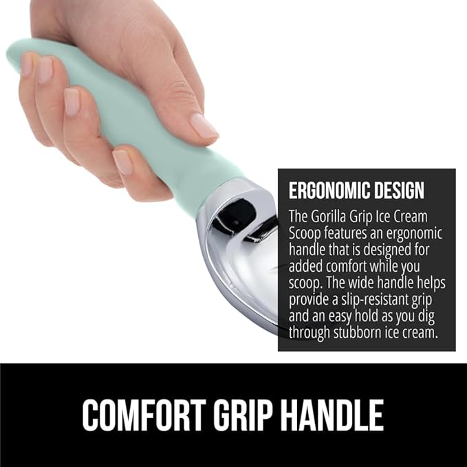 GORILLA GRIP BPA-Free Heavy Duty Ice Cream Scoop, Comfortable Ergonomic Handle, Professional Grade Scooper for Perfect Round Scoops, Spoon Frozen Hard Gelato, Sorbet, Cookie Dough, Kitchen Tool, Mint