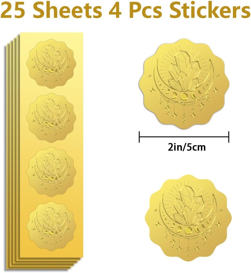 Peacoblue Gold Foil Sticker Seal Embossed 2 Inch 100Pcs Moon and Crystal, Self Adhesive Gold Around Embossing Sticker for Invitation Certificate Envelope Seal Gift Card Decoration