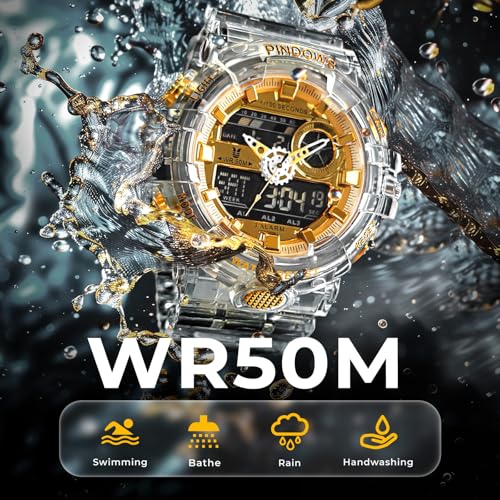 PINDOWS Watches for Men, Transparent Gold Analog Digital Dual Time 50M Waterproof, LED Backlight Multifunctional with Alar...