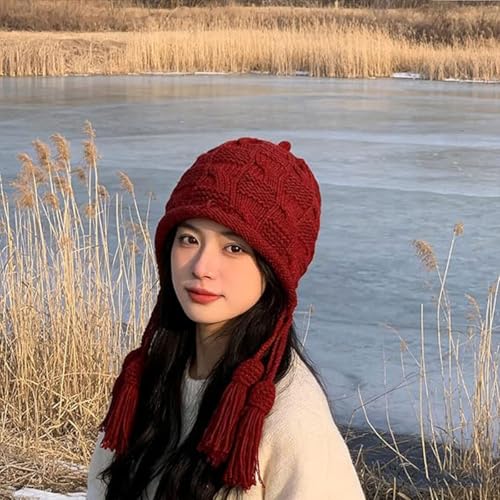 Red Knit Hat with Tassel, Tassel Warm Hand Knitted Skiing Beanie, Fashion Vintage Crochet Slouchy Design