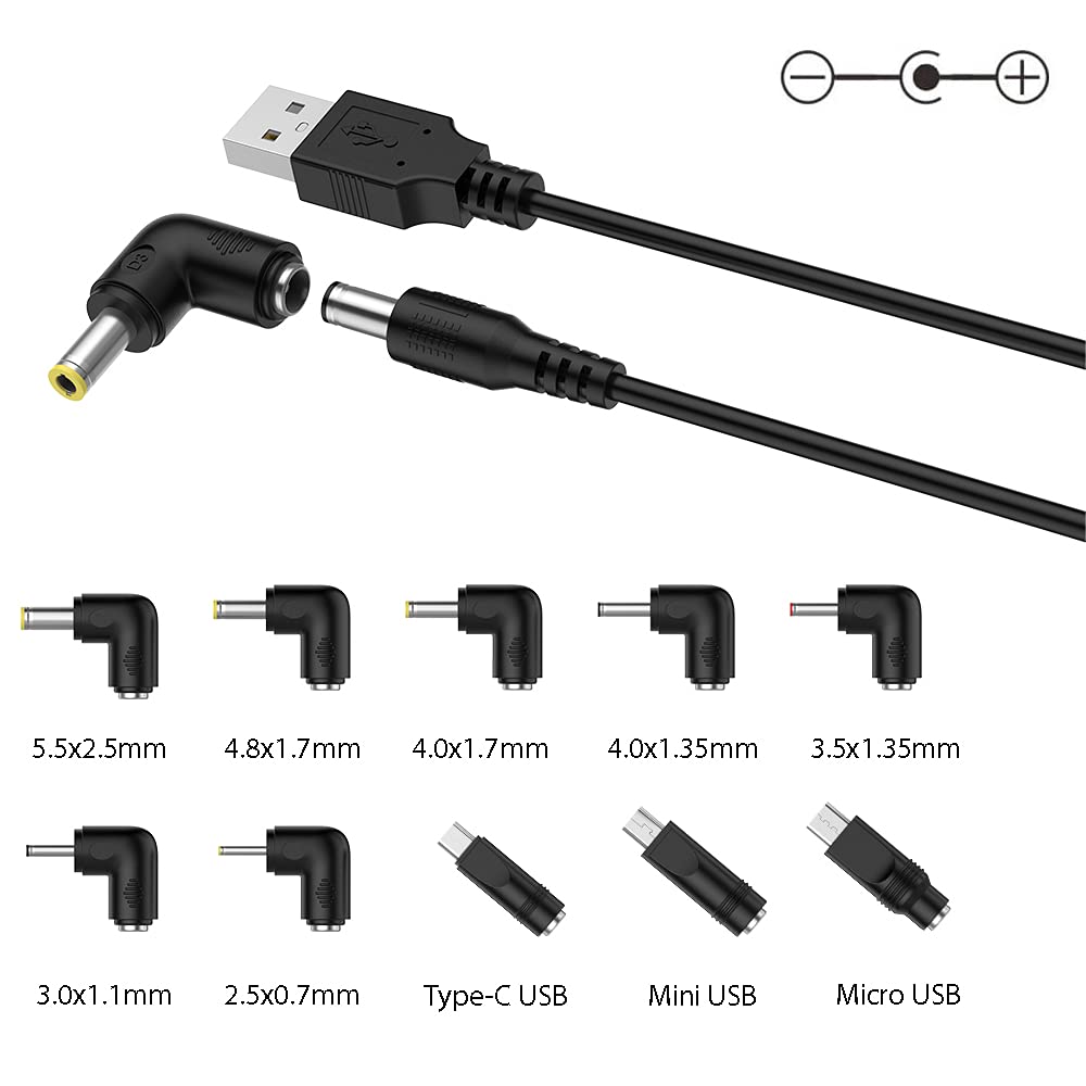 Liansum Usb To Dc 5V Power Cord, Universal Dc 5.5X2.1Mm Plug Jack Charging Cable With 10 Connector Tips(5.5X2.5, 4.8X1.7, 4.0X1.