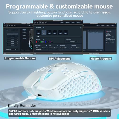 SOLAKAKA SM600 White Wireless Gaming Mouse,Tri-Modes BT5.1/Type-C Wired/2.4G Wireless Mouse with 2 Side Buttons, Programma...