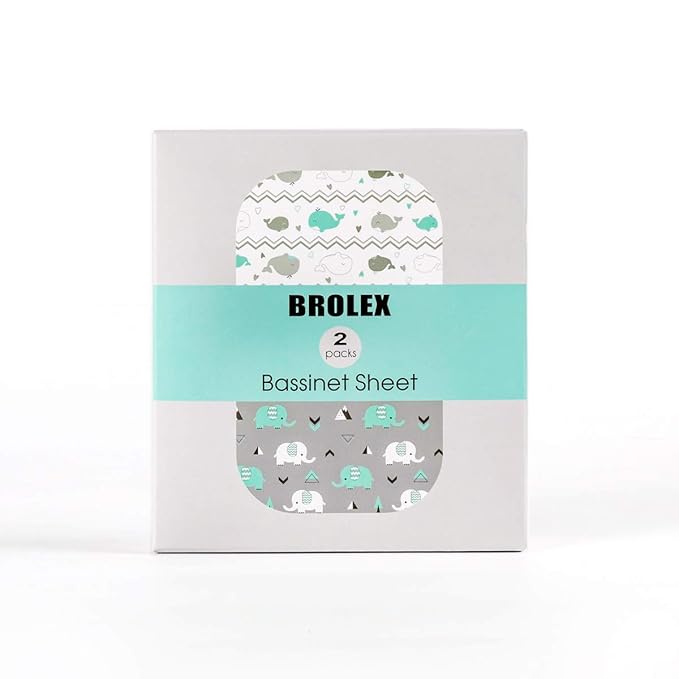 Stretch Fitted Bassinet Sheet Set BROLEX 2 Pack Cradle Sheets for Bassinet Pad/Mattress,Unisex Boys Girls,Ultra Soft,Elephant Whale