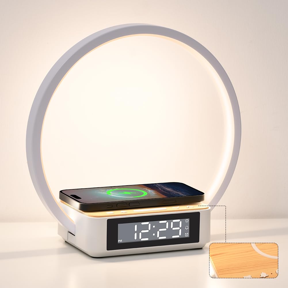 WILIT Bedside Lamp with Alarm Clock, Touch Control, Wireless Charger, Dimmable, Model B17, White/Brown