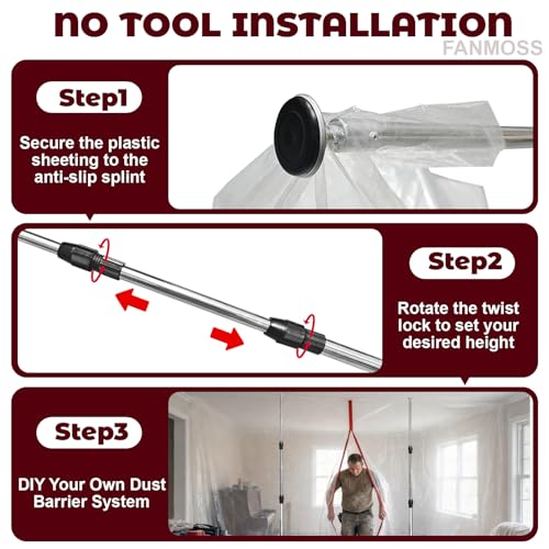 Fanmoss 9.5FT Dust Barrier Poles Kit, 4 Pack Dust Barrier System with 32FT x13FT Sealed Plastic Sheet, 2 Zipper Doors & Ca...