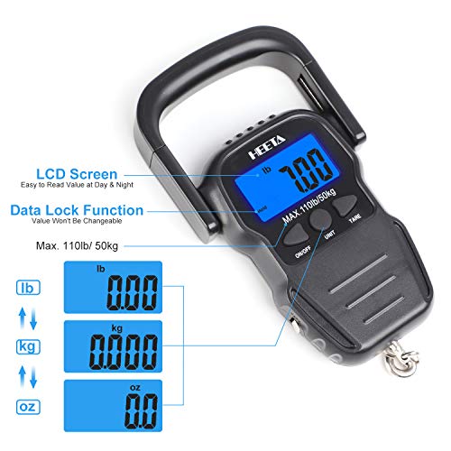 HEETA Fish Scale with Backlit LCD Display, Up to 110lb/50kg Digital Portable Hanging Fish Weight Scale with Hook & Measuri...