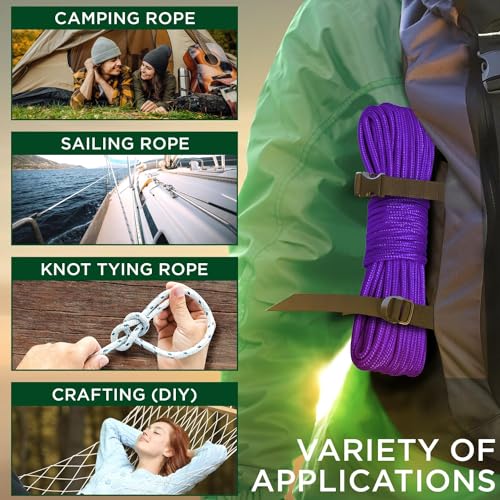 TECEUM Rope – 90 Feet x 1/4 Inch (7mm) – Purple – Strong All-Purpose Utility Rope – Camping, Crafting, Flag Pole, Indoor &...