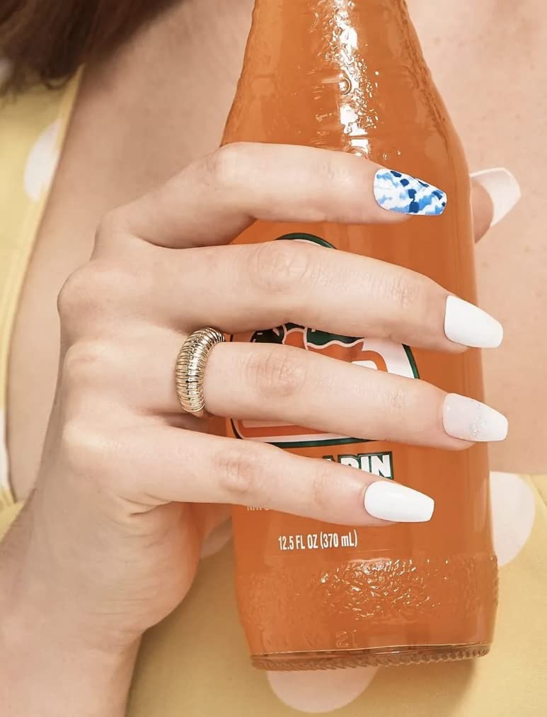 KISS imPRESS No Glue Mani 30 Pcs Press On Nails, White Nails with Glitter, Blue Tie-Dye Design, Medium Size, Coffin Shape Simple