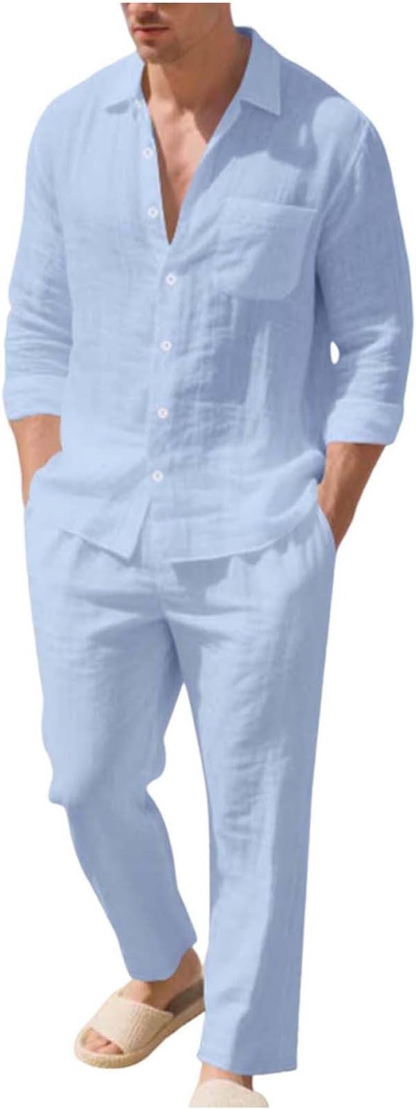 Cambkatl Men's Linen Beach Travel Outfits Long Sleeve Casual Button Down Shirt Matching 2 Piece Tracksuit Sets with Pockets