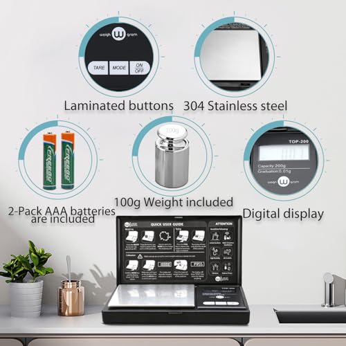 Weigh Gram 200g Digital Pocket Gram Scale 0.01g Accuracy, 200g x 0.01g Mini Digital Grams Scale, Small Food Scale, Jewelry...