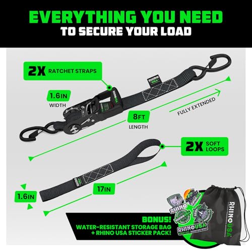 RHINO USA Ratchet Straps Tie Down Kit, 5,208 Break Strength - Includes Heavy Duty Rachet Tiedowns with Padded Handles & Co...
