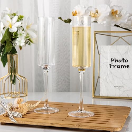 Ciaell Champagne Flutes Set of 4 - Vintage Ribbed Crystal Hand Blown Champagne Glasses With Long Stem - Elegant Sparkling ...