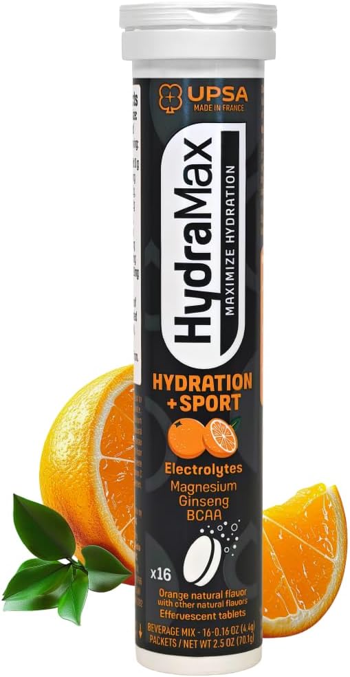 HydraMax Sport Hydration Tablets - Post-Workout Recovery & Muscle Support - 16ct Natural Orange Effervescent - 4 Electroly...