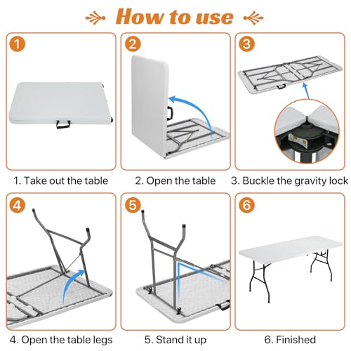 Folding Table 6 ft | Heavy Duty Plastic Picnic Table Indoor Outdoor | Portable Camping Dining Party Utility Table | Easy t...