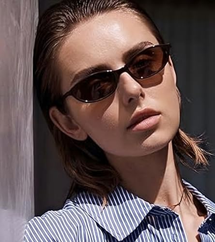 YMRFW Retro Oval Cat Eye Sunglasses for Women Y2k Designer Trendy Narrow Shades UV protection Sun Glasses