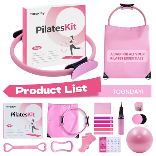 16Pcs Home Pilates Equipment for Women, Pilates Kit with 14'' Pilates Rings, Yoga Ball, Sliding Disks, Pilates Bands & Acc...