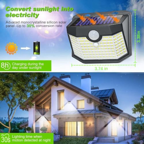 HMCITY 120 LED Outdoor Solar Lights with Motion Sensor and 3 Lighting Modes, IP65 Waterproof Wide Solar Wall Lights Ideal ...