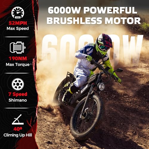 EcoE 6000W Dual Motor Electric Bike for Adults 52MPH 60V 32A, 26x4 Fat Tire All Terrain Ebikes, Full Suspension E Bike, SH...