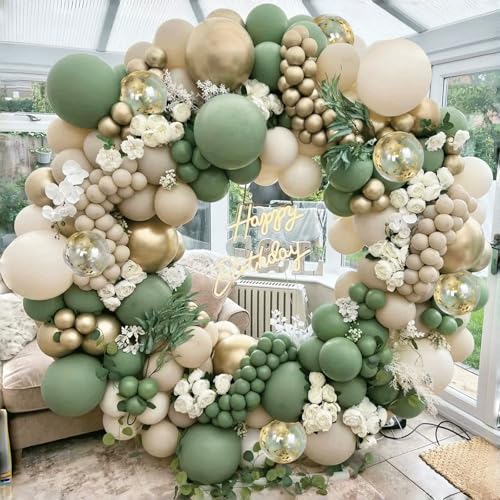 Sage Green White Sand Balloon Arch Kit, Green Beige Gold Metallic Balloons Garland Kit with Gold Confetti Balloons for Bir...