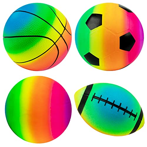 Homotte Rainbow Sports Balls Pack of 4, 1 Each of 8.5" Football, Basketball, Soccer and Volleyball for Playground, Inflata...