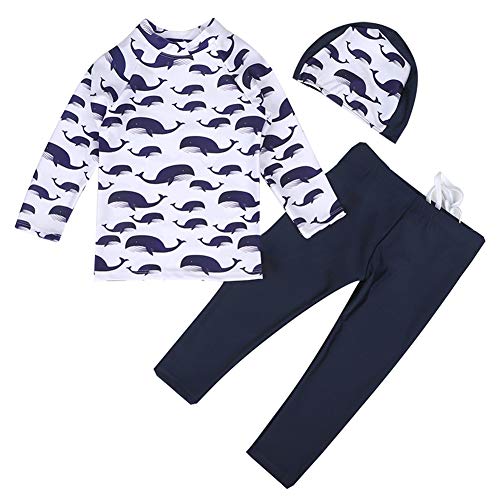 Digirlsor Kids Boys Two Piece Rash Guard Swimsuit Bathing Suit Long Sleeve Sunsuit Swimwear Set with Cap 2-10 Years
