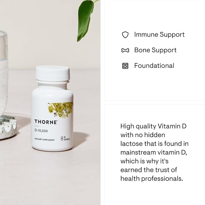 THORNE Vitamin D3 Supplement - Supports Healthy Bones, Teeth, Muscles, Cardiovascular & Immune Function* - Gluten, Dairy & Soy-Free - 10,000 IU - 60 Capsules