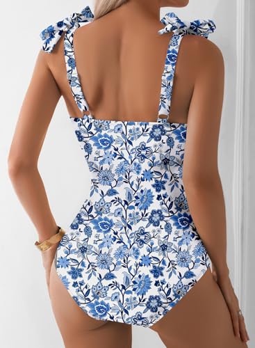 Aleumdr Women's One Piece Swimsuits Tummy Control Bathing Suits V Neck Boho Tie Shoulder Ruched Full Coverage Swimwear