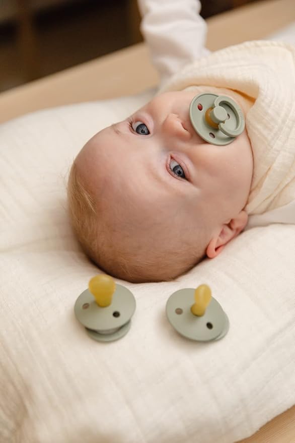 BIBS Colour Baby Pacifier 2-Pack | Made in Denmark | BPA Free Dummy Soother, Round Nipple. Natural Rubber Latex, Size 2 (6-18 Months), Sky Blue/Steel Blue