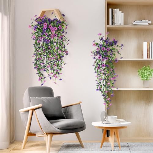 Artificial Fake Hanging Flowers Plants for Outdoor Spring Decoration,2 PCS Faux Silk Daisy with Eucalyptus Leaves,UV Resis...