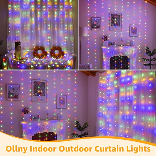 Ollny Curtain Lights 600LED 19.7ft x 9.8ft, IP67 Waterproof Outdoor Curtain Rice Lights with Remote, Plug-in Untangle Fair...