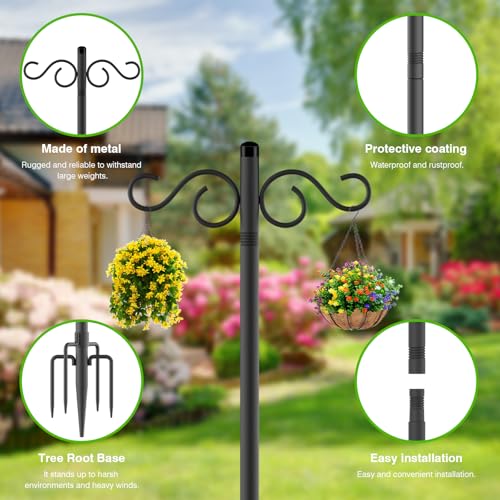 RCUICA Double Shepherds Hooks for Outdoor,2 Pack 90 Inch Bird Feeder Pole with 5 Prongs Base,Heavy Duty Shepherds Hook,Sui...