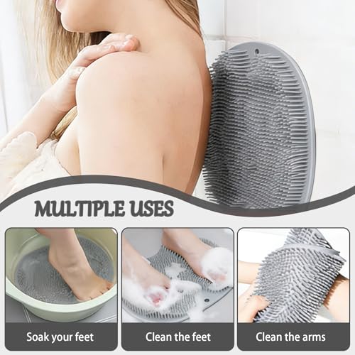 Silicone Shower Scrubber Mat Back Exfoliating Acupressure Pad Non Slip Shower Mat Massages for Men and Women,Grey