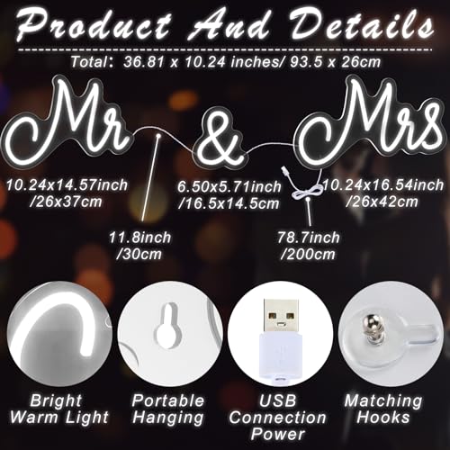 Kittmip Mr and Mrs Neon Sign for Wedding 36.81 x 10.24 Inch Neon Light LED Backdrop Wall Decor USB Wedding Reception Decor...
