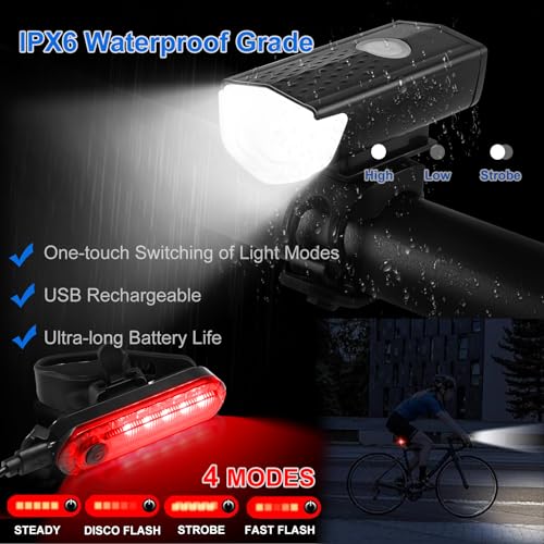 SODPE 8 Pack Bicycle Accessories, Bike Light Set USB Rechargeable, 1 Bike Water Bottle Holder, Bicycle Bag and 1 Bike Alum...