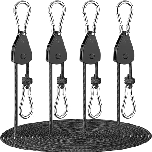 Fondwell 1/8" Rope Tie Downs Ratchet: 4 Pack of Grow Light Hangers Adjustable - Mini Ratchet Straps for Various Hanging an...