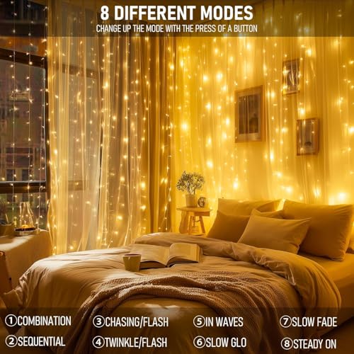 300 LED Curtain Lights, Plug in Fairy Curtain Lights Outdoor, Window Wall Hanging String Lights for Bedroom Backdrop Weddi...