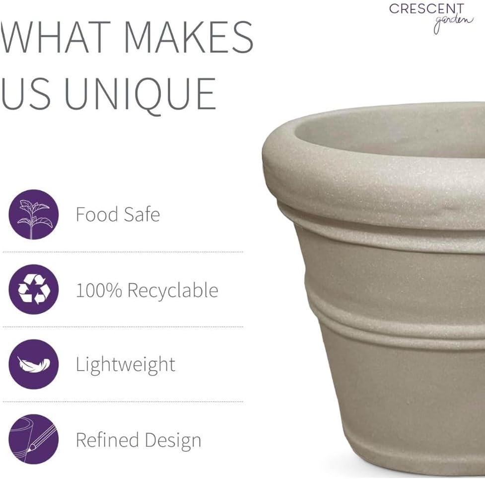 Crescent Garden Brunello Classic Rolled Rim Planter, Indoor/Outdoor Weather-Safe Round Plant Pot, Large Plastic Flowerpot for Flowers, Faux Plants, Trees - 27'' W (Parchment)