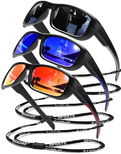 SQOQS 3Pack Polarized Sports Sunglasses for Men, Wrap Around Frame UV400 Goggles Sun Glasses for Cycling Fishing Driving