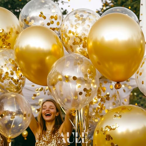 AULE Party Balloons Pack of 42 - Metallic Gold Balloons & Gold Confetti Balloons and 64ft Ribbons - 12 Inch Balloons Decor...