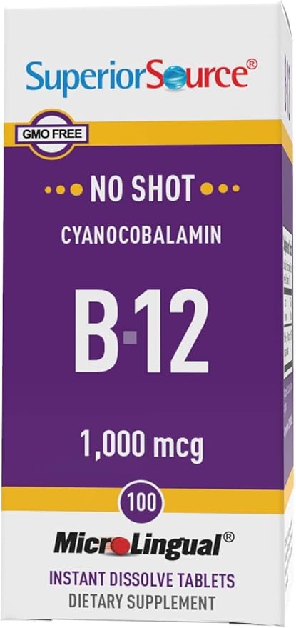 Superior Source No Shot Vitamin B-12 Cyanocobalamin 1000 mcg - Vitamin B-12 to Support Energy Production, Brain Health & Overall Wellness - Sublingual Tablets - 100 Dissolvable Tablets