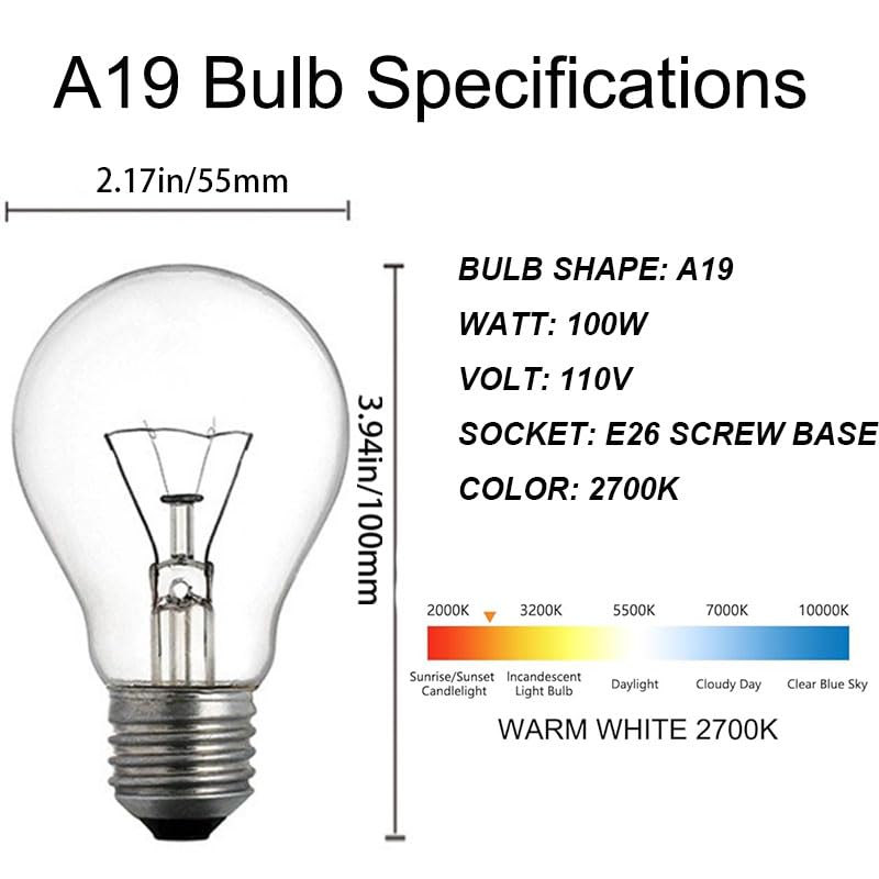 Hrsovii A19 Clear Incandescent Rough Service Light Bulb, 100 Watt Incandescent Light Bulbs, A19 100 WATT Bulbs ，100 Watt, 2700K Soft White, E26 Medium Base, 110-130V (2 Pack)