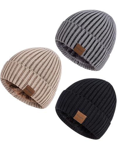 Nertpow Mens Beanie Hats 3 Pack, Winter Hats for Men Women Warm Thermal Fleece Lined, Thick Knit Fashion Skull Cap for Guys