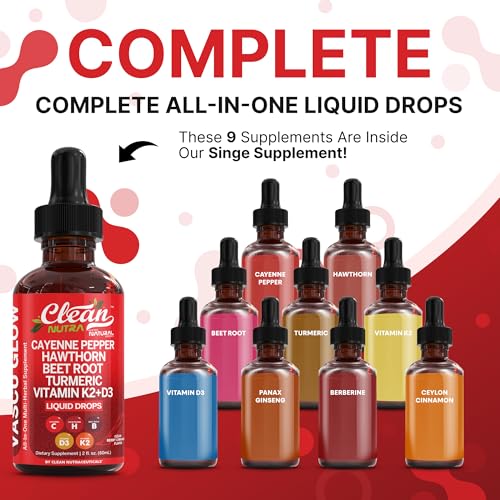 Clean Nutra Cayenne Pepper Drops Supplement Liquid + Hawthorn Berry, Vitamin D3 K2 Beet Root Powder, Ceylon Cinnamon, Turm...
