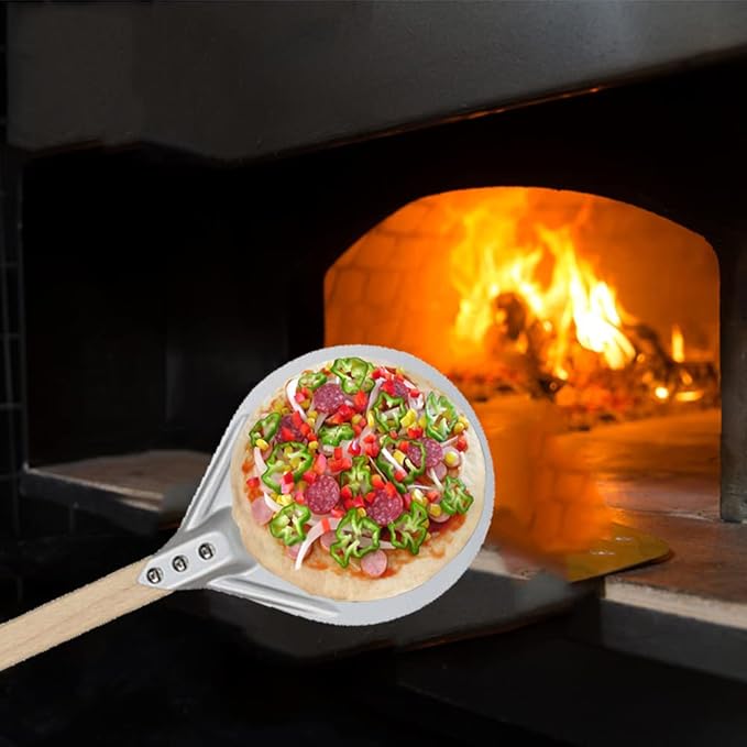 BetterJonny Round Perforated Pizza Peel with Detachable Wood Handle, Aluminum Turning Peel Pizza Paddle Metal Non-slip Perforated Pizza Paddle for Baking（7inch）