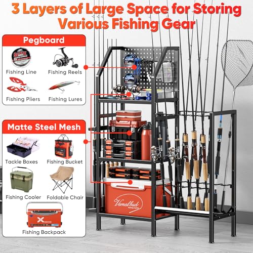 POKIPO Fishing Rod Holders for Garage,Fishing Rod Rack Storage up to 18 Rods,3 Tier Adjust Heavy Duty Metal Fish Pole Stan...