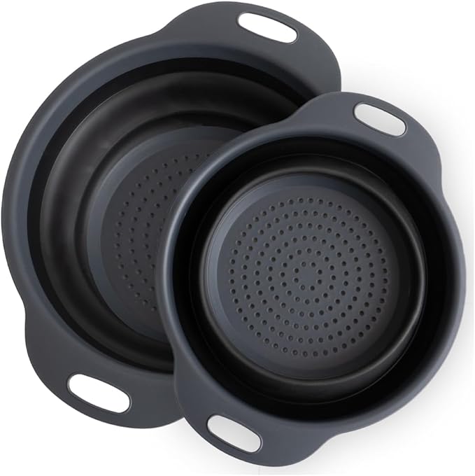 Collapsible Colander | 2-Pack Black Collapsible Strainer for Pasta, Fruits, & Vegetables | Compact Silicone Strainer Ideal for Straining all Sorts of Foods | Strainer for Everyday Use Medium
