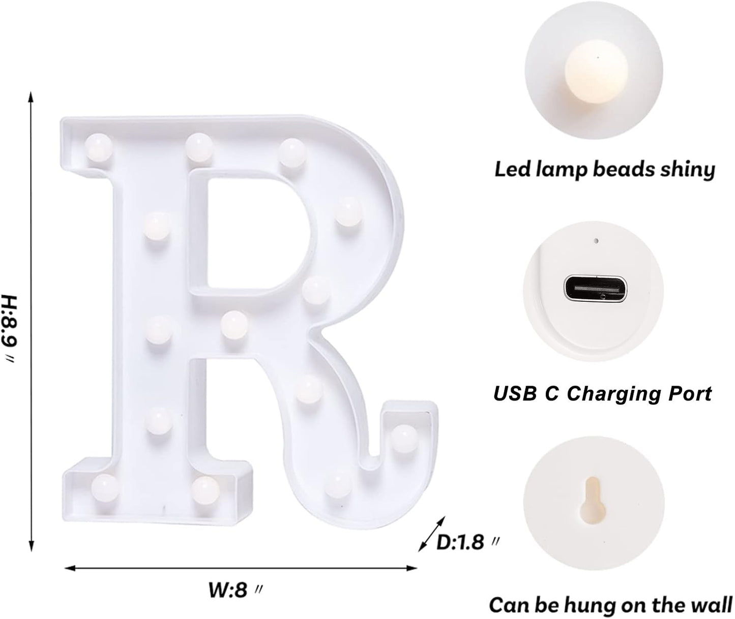 Foaky Rechargeable LED Letter Light Sign, Warm Plastic Marquee Lamp, Size R, Model Recharge-ABS for Parties and Home Decor